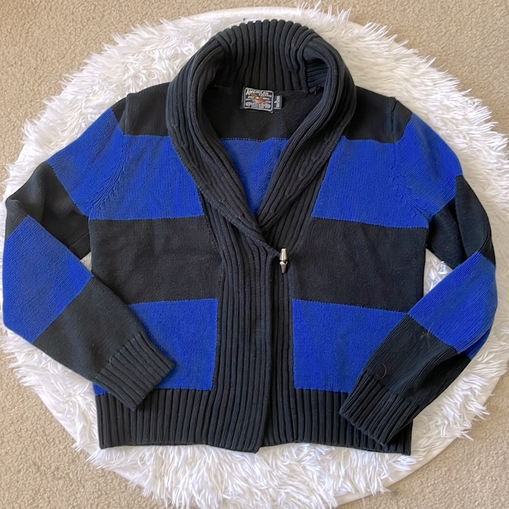 American Living Cropped Chunky Knit Cardigan – Black & Blue Striped, Size S/M